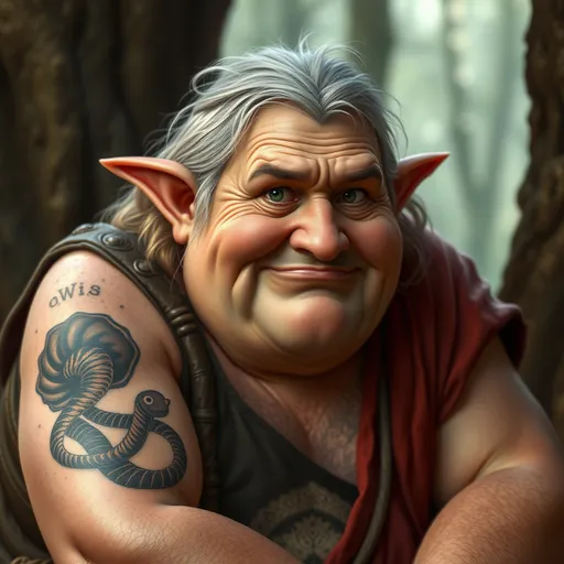 Prompt: Middle aged slightly fat half elf with a worm tattoo on the arm