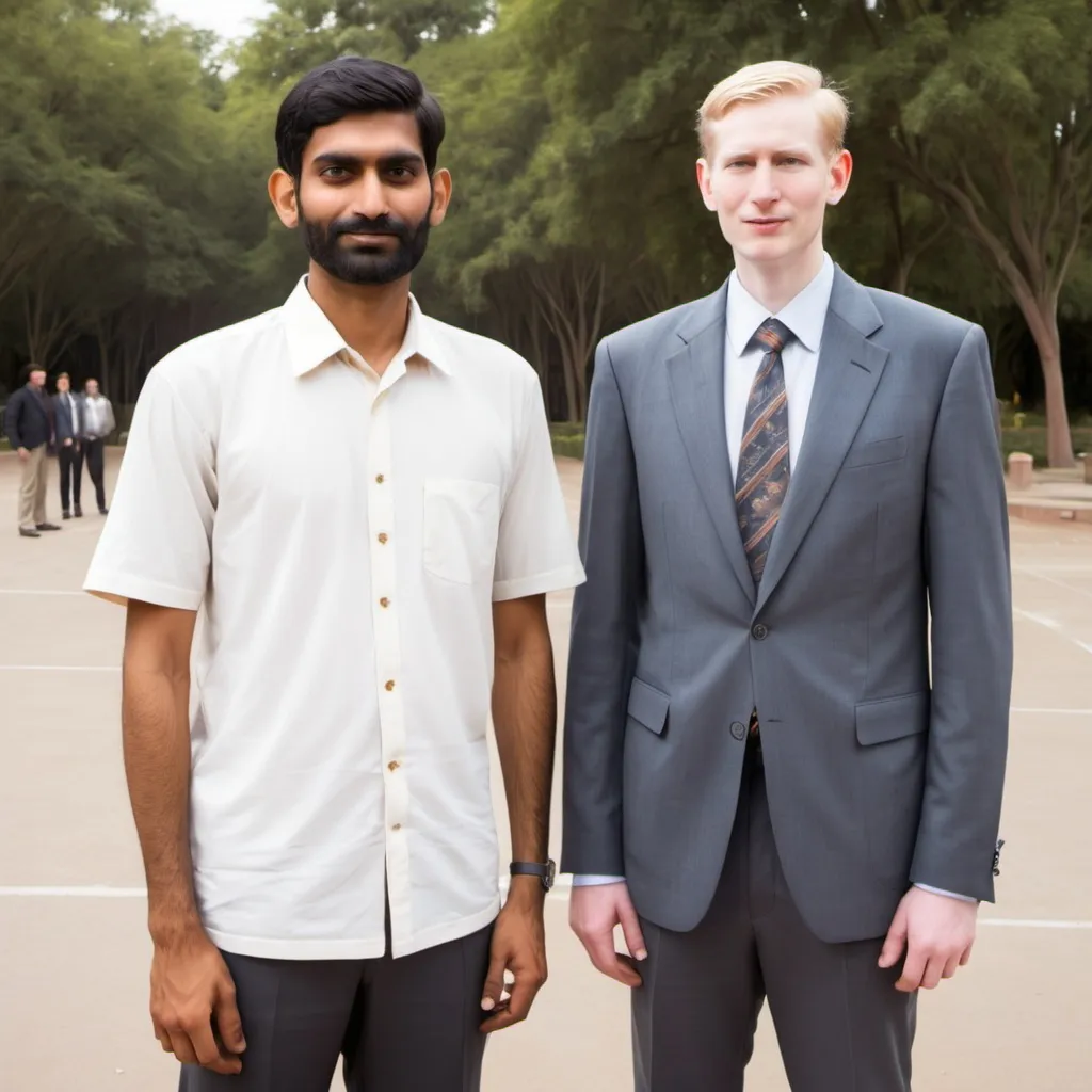 Prompt: one tall white person one tall indian man and one short white person