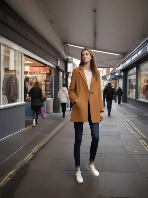 Prompt: Tall young woman walking down the high street, detailed clothing, realistic, natural lighting