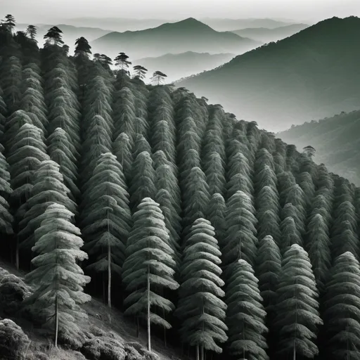 Prompt: shillong mountain consisting pine trees in b&w grey, deep green. it should be in an abstract form. something like Chinese mountains