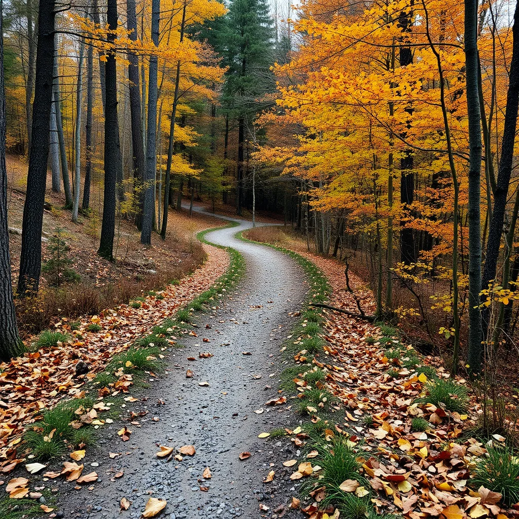 Prompt: create an image of a single track bike trail on a fall day in the north east