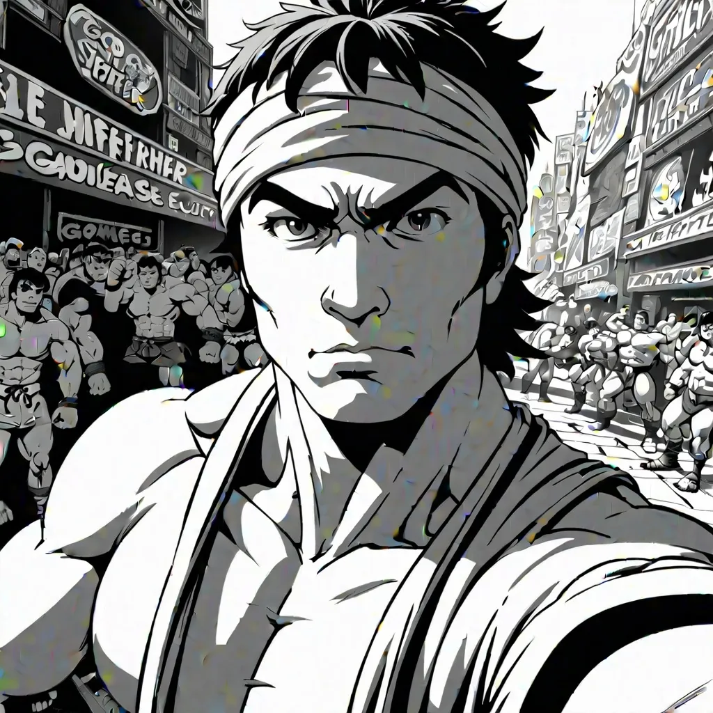 Prompt: B&W frazetta art, ryu wearing a bandana, white hi, detailed, high quality, street fighter 3 background stage, character selfie, go pro selfie perspective, 8k