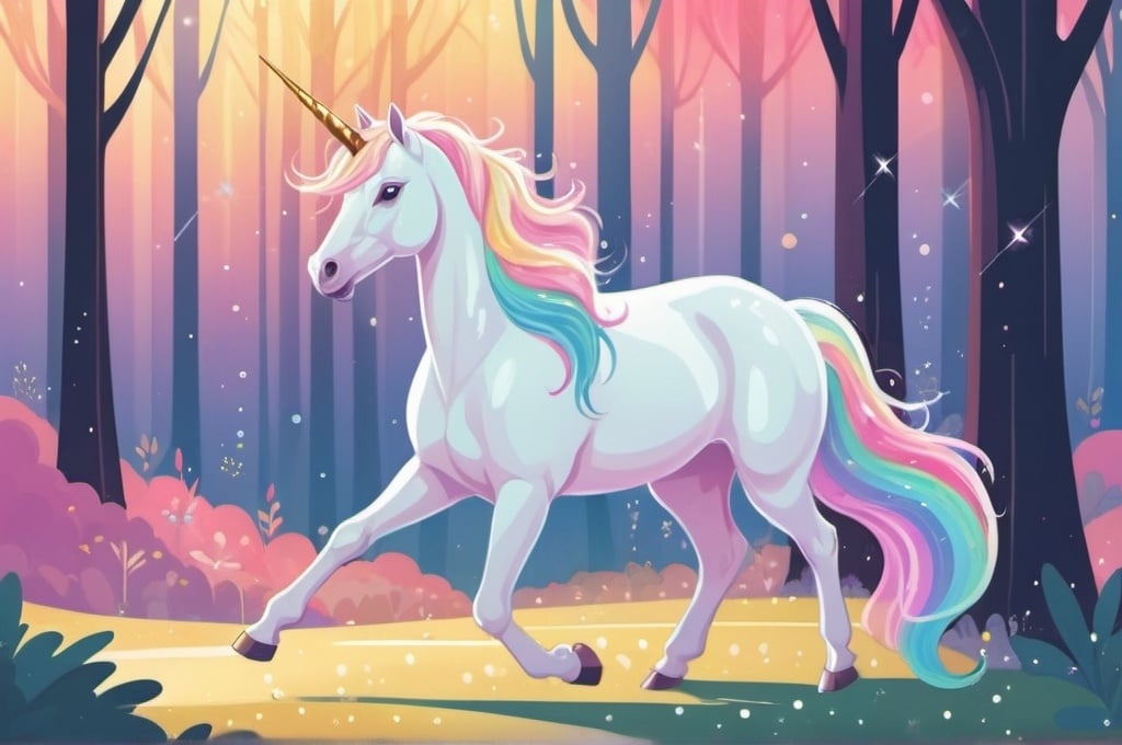 Prompt: unicorn with a shimmering white coat that glows softly in the sunlight. Her mane and tail are a cascade of pastel colors, sparkling like a rainbow with every movement wandering in a forest, flat illustration, cartoon, vector illustration