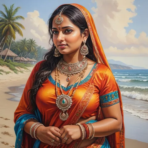 Prompt: Curvy Indian woman at the beach, oil painting, vibrant traditional attire, intricate jewelry, natural lighting, realistic, detailed, colorful, beach scenery, high quality, realistic, traditional, vibrant colors, detailed patterns, warm lighting