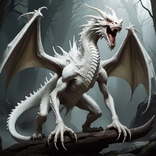 Prompt: white horror dragon with long arms  with long legs long sharp teeth