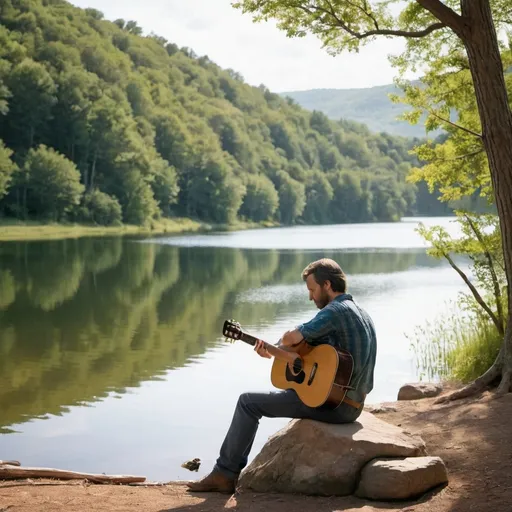 Prompt: a man playing a twelve stringed acoustic guitar while sitting by a lake in a wooded area and beautiful scenery