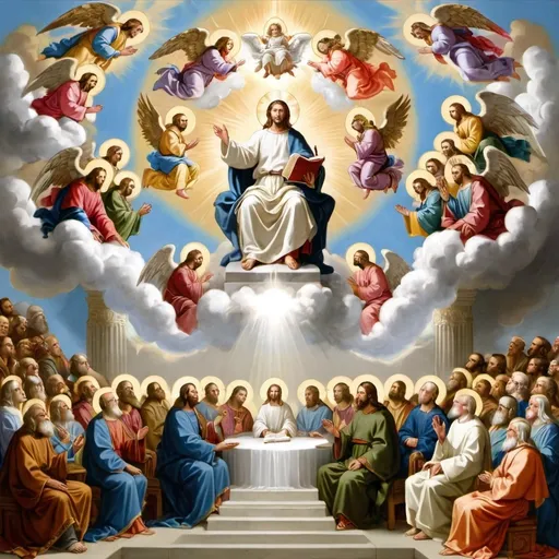 Prompt: a picture of heaven. the seated god the father on his throne in holiness, with the lord jesus christ in glory and holiness sitting at his right side. the saints in holiness with them are assembled around the throne praising god the father and the lord jesus christ. the holy angels are gathered around every holy saint as their protecters also praising the lord jesus christ and the father of all holiness
