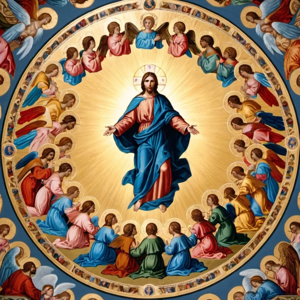 Prompt: the lord jesus christ surrounded by holy angels, saints, archangels