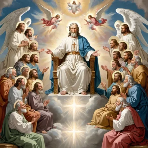 Prompt: a picture of heaven. the seated god the father on his throne in holiness, with the lord jesus christ in glory and holiness sitting at his right side. the saints in holiness with them are assembled around the throne praising god the father and the lord jesus christ. the holy angels are gathered around every holy saint as their protecters also praising the lord jesus christ and the father of all holiness
