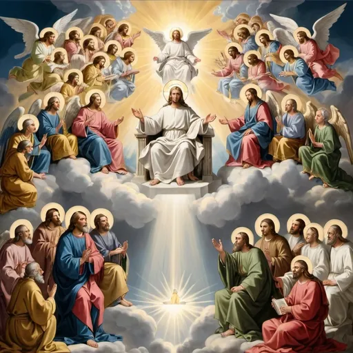 Prompt: a picture of heaven. the seated god the father on his throne in holiness, with the lord jesus christ in glory and holiness sitting at his right side. the saints in holiness with them are assembled around the throne praising god the father and the lord jesus christ. the holy angels are gathered around every holy saint as their protecters also praising the lord jesus christ and the father of all holiness
