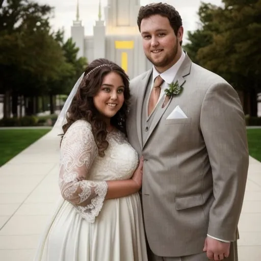 Prompt: plus size bride with brown curly hair wearing a modest wedding gown with sleeves and handsome tall fit groom with brown hair posing in front of LDS Mormon temple. faceless