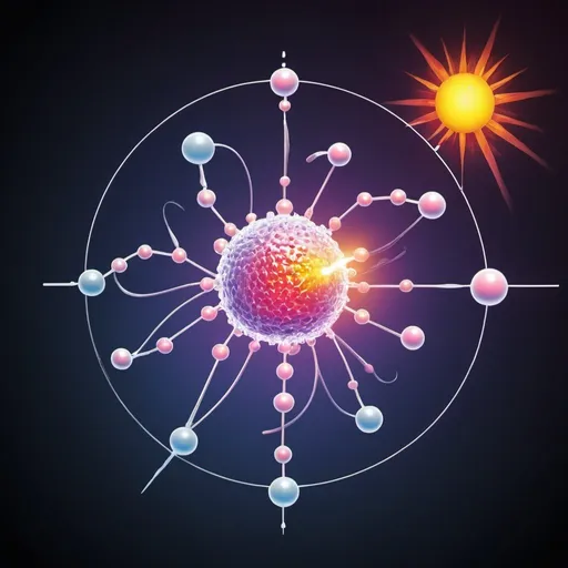 Prompt: Title: Illuminating the Path: Advances in Organic Photochemistry

Cover Design Concept:

Background:

A gradient background transitioning from deep ultraviolet (UV) at the top to a vibrant visible light spectrum at the bottom. This represents the range of wavelengths involved in photochemical processes.
Central Image:

An artistic depiction of a molecular structure undergoing a photochemical reaction. Use a dynamic, almost glowing representation to show the excitation of electrons. Incorporate arrows indicating the flow of energy and the transformation of the molecule.
Foreground Elements:

On the left side, include a detailed but stylized diagram of a photon interacting with an organic molecule, causing it to go from a ground state to an excited state.
On the right side, illustrate the practical applications of organic photochemistry, such as solar cells, light-emitting diodes (LEDs), and photodynamic therapy in medicine.
Text Elements:

Additional Design Touches:

Integrate subtle light rays or lens flare effects emanating from the central molecule to emphasize the photochemical theme.
Use a clean, minimalist style to ensure the cover remains professional and scientific, avoiding clutter but still rich in visual information.
