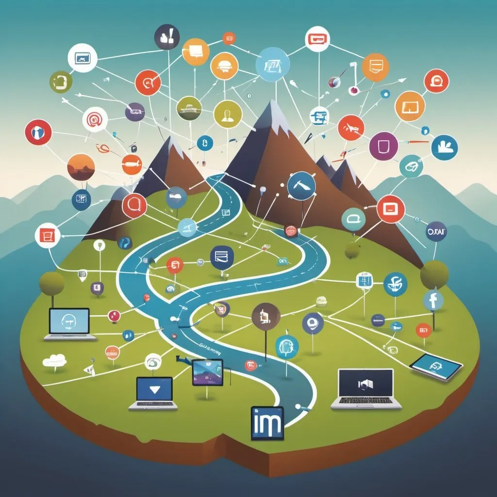 Prompt: Image: A visual depiction of the digital landscape, with arrows pointing towards various online marketing channels, symbolizing the interconnected nature of the digital ecosystem.