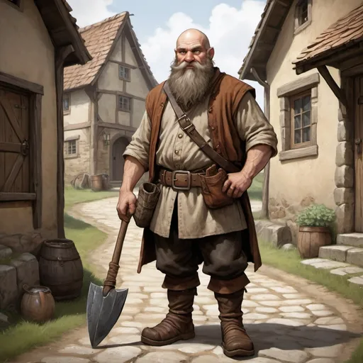 Prompt: A dwarf commoner with a stocky build, standing about 4 feet tall. He has a long, braided brown beard and a bald head. He wears simple, rugged clothing consisting of a brown tunic, sturdy leather boots, and a worn leather belt with a small pouch attached. His face is weathered, showing signs of a hard-working life, with kind but tired eyes. In one hand, he holds a wooden tankard, and in the other, a small pickaxe. The background is a rustic village setting, with stone buildings and a cobblestone path.