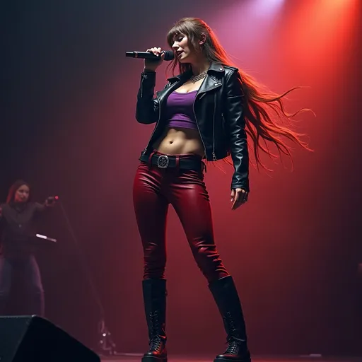 Prompt: long brown hair down back , fullbody heavy metal  female  standing on stage with microphone singing  leather jacket purple tank top shirt red pants black boots  looks ahead