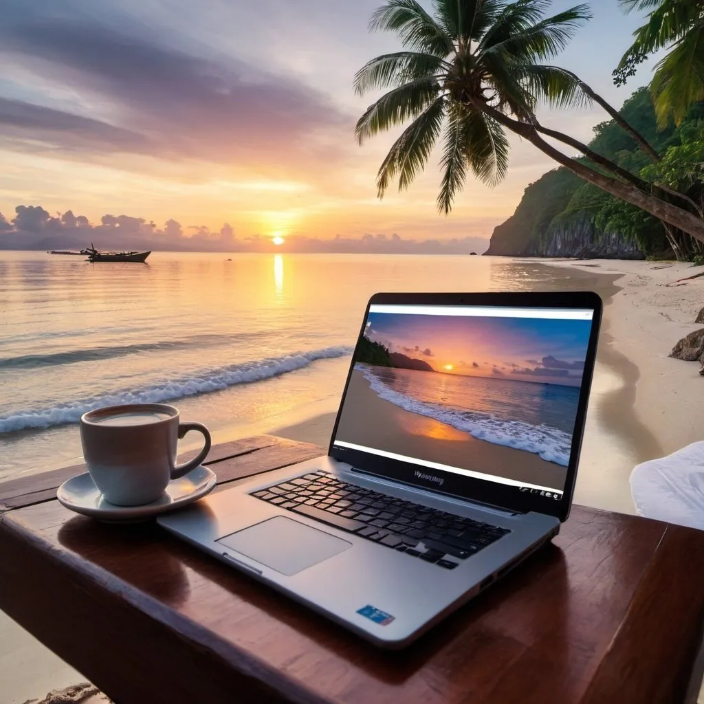 Prompt: Beautiful sunrise over a beach in the Philippines with a laptop and coffee cup


