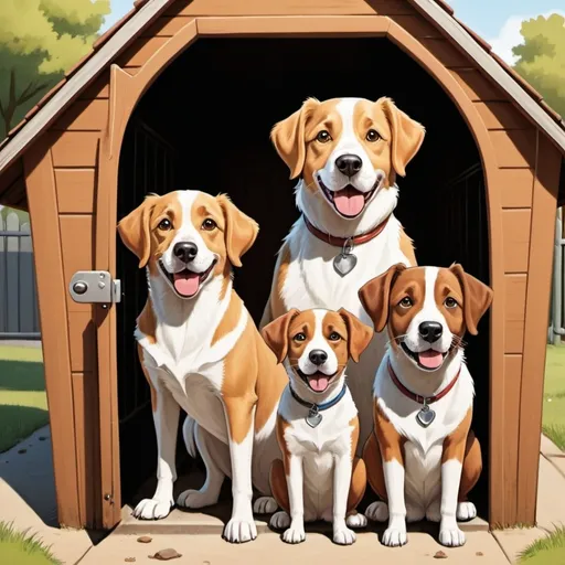 Prompt: Cartoon of a family of 3 happy brown and white dogs staying in a kennel, one puppy and two adult dogs