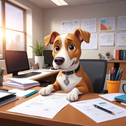 Prompt: (cartoon of brown and white dog), working on laptop, sheets of paper and stationery on the office table, bright and colorful, cheerful atmosphere, detailed office background, modern office layout, vibrant overhead lighting, high resolution, ultra-detailed, 4K quality, dynamic perspective, friendly and engaging, smooth animations, professional cartoon style.