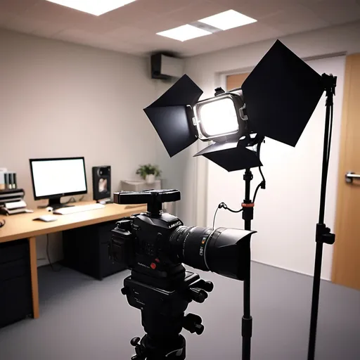 Prompt: pls make me Licht-Setups for one person in the office talking to the camera .  more cinmatic and inAnimation