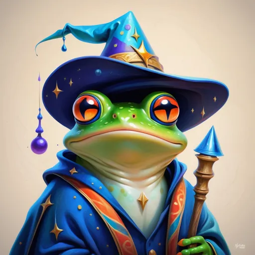 Prompt: Frog wearing a wizard hat, Picasso style,