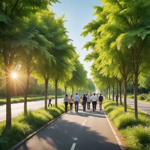 Prompt: Networking forum invite on a greenery-filled road, professionals walking and talking, vibrant nature, collaborative environment, sunny and warm lighting, high quality, professional, nature-inspired, vibrant colors, detailed foliage, casual and friendly atmosphere