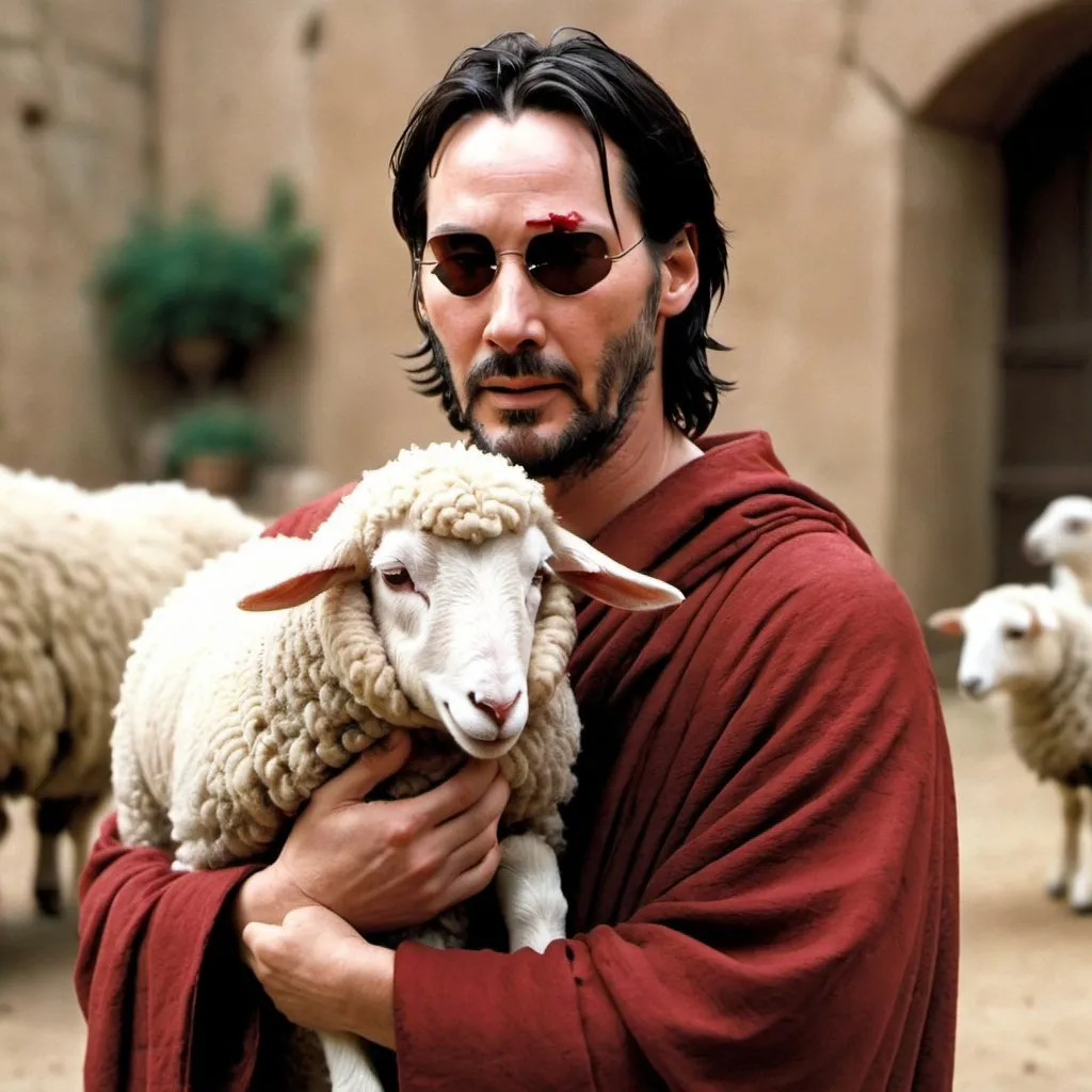 Prompt: Keanu Reeves wearing a Roman robe and lovingly holding a sheep like Jesus.