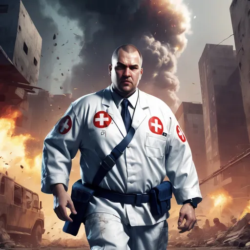 Prompt: (game-strategy game style), (dynamic action scene), overweight fighter in commercial healthcare attire, war-torn battlefield environment, intense expressions, team behind him, focused determination, healthcare symbols in the background, elevated patient outcomes theme, dramatic lighting, gritty atmosphere, ultra-detailed, vibrant colors, 3D digital rendering, capturing heroism and urgency.