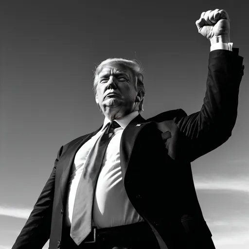 Prompt: a powerful black and white color profile of donald trump standing alone and defiant with his fist lifted high over his head in defiance of a challenge



