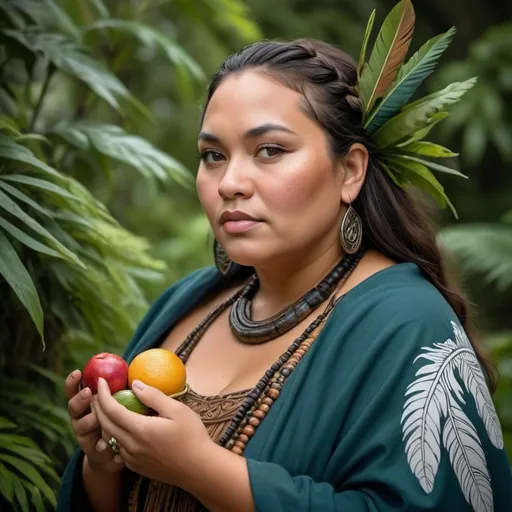 Prompt: a full-figured Maori woman proudly stands amidst a lush, verdant overgrowth, embodying the beauty of her heritage and the bounty of nature. Adorned in traditional attire, a māori tatoo on her chin, she wears a regal Maori cloak, symbolizing her cultural identity, while a Huia feather graces her hair, adding a touch of elegance. Rather than merely striking a pose, she is depicted engaging in the act of eating healthily, perhaps holding a vibrant array of fruits or vegetables in her hand, highlighting the importance of nutrition in Maori culture. The scene is infused with vibrant hues and contrasts, reminiscent of the captivating imagery found in National Geographic. Despite the intensity of the colors, her tranquil demeanor and mesmerizing hazel green eyes draw the viewer in, inviting contemplation and admiration. The artwork captures the essence of Maori culture and the symbiotic relationship between people and the land, portrayed with the clarity and detail of a Canon EOS 5D Mark IV camera. This portrayal celebrates both ethnic legacy and the natural world, making it an ideal design for a t-shirt that honors diverse cultures and promotes healthy living.