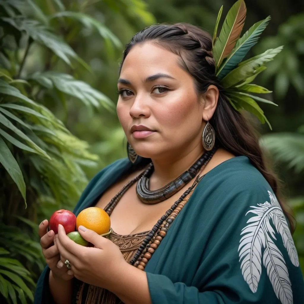 a full-figured Maori woman proudly stands amidst a l...