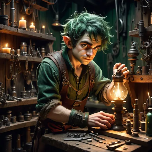 Prompt: dungeons and dragons fantasy art halfling male artificer with dark green hair workshop tinkerer