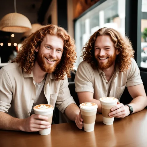 Prompt: two men with long curly auburn hair smugly enjoying soy latte in linen shirts
