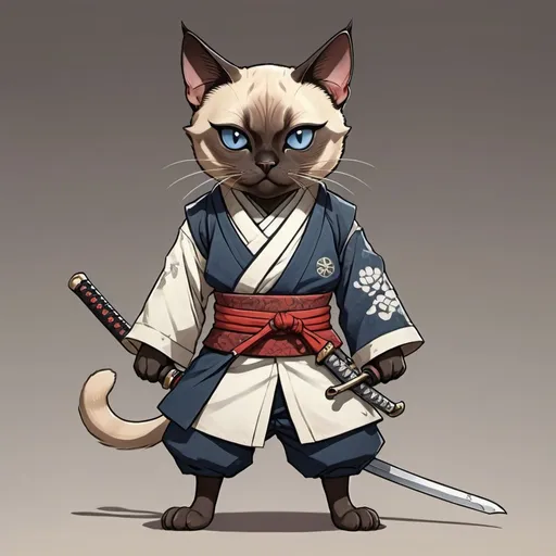 Prompt: A siamese cat wearing samurai outfit. Has a scar on one eye. Anime style, holding sword at the hilt, full body