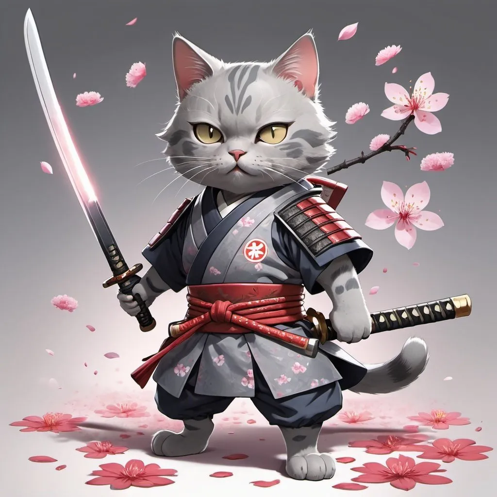 Prompt: A gray cat wearing samurai outfit. Has a scar on one eye. Anime style, holding sword at the hilt, full body, dynamic pose, sakura petals falling