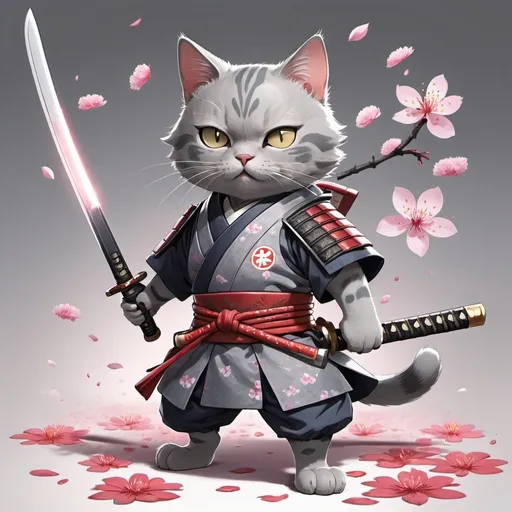 Prompt: A gray cat wearing samurai outfit. Has a scar on one eye. Anime style, holding sword at the hilt, full body, dynamic pose, sakura petals falling