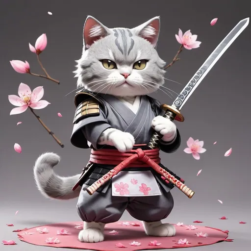 Prompt: A gray cat wearing samurai outfit. Has a scar on one eye. Anime style, holding sword at the hilt, full body, dynamic pose, sakura petals falling
