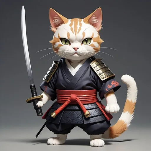 Prompt: A cat wearing samurai outfit. Has a scar on face. Anime style, holding sword at the hilt.