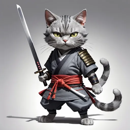 Prompt: A gray cat wearing samurai outfit. Has a scar on one eye. Anime style, holding sword at the hilt, full body, dynamic pose