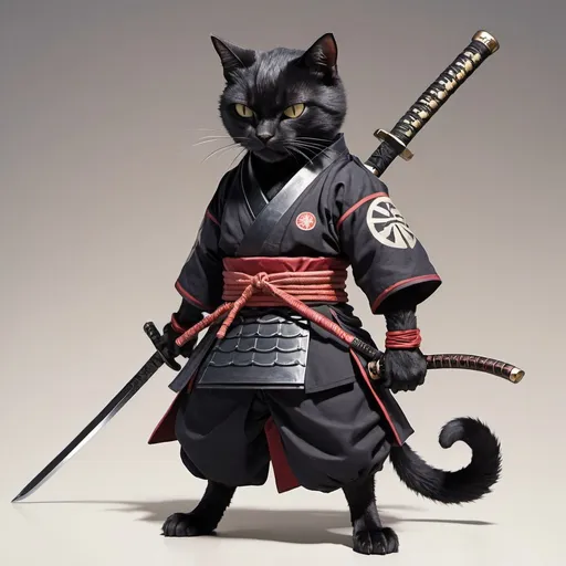 Prompt: A black cat wearing samurai outfit. Has a scar on one eye. Anime style, holding sword at the hilt, full body, dynamic pose