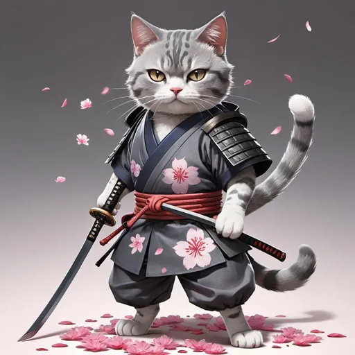 Prompt: A gray cat wearing samurai outfit. Has a scar on one eye. Anime style, holding sword at the hilt, full body, dynamic pose, sakura petals falling