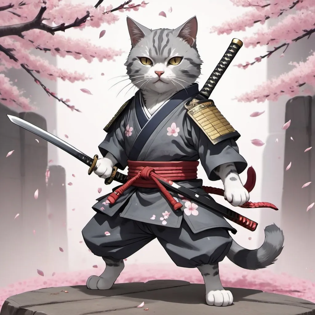 Prompt: A gray cat wearing samurai outfit. Has a scar on one eye. Anime style, holding sword at the hilt, full body, dynamic pose, sakura petals falling