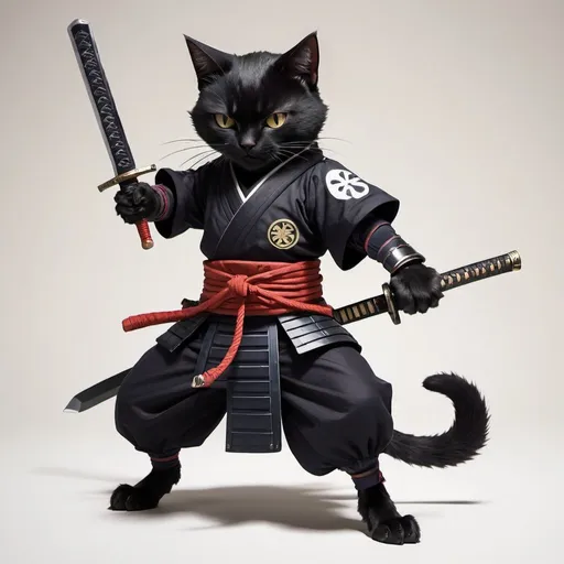 Prompt: A black cat wearing samurai outfit. Has a scar on one eye. Anime style, holding sword at the hilt, full body, dynamic pose