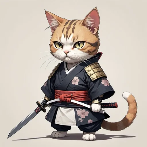 Prompt: A cat wearing samurai outfit. Has a scar on face. Anime style, holding sword at the hilt.