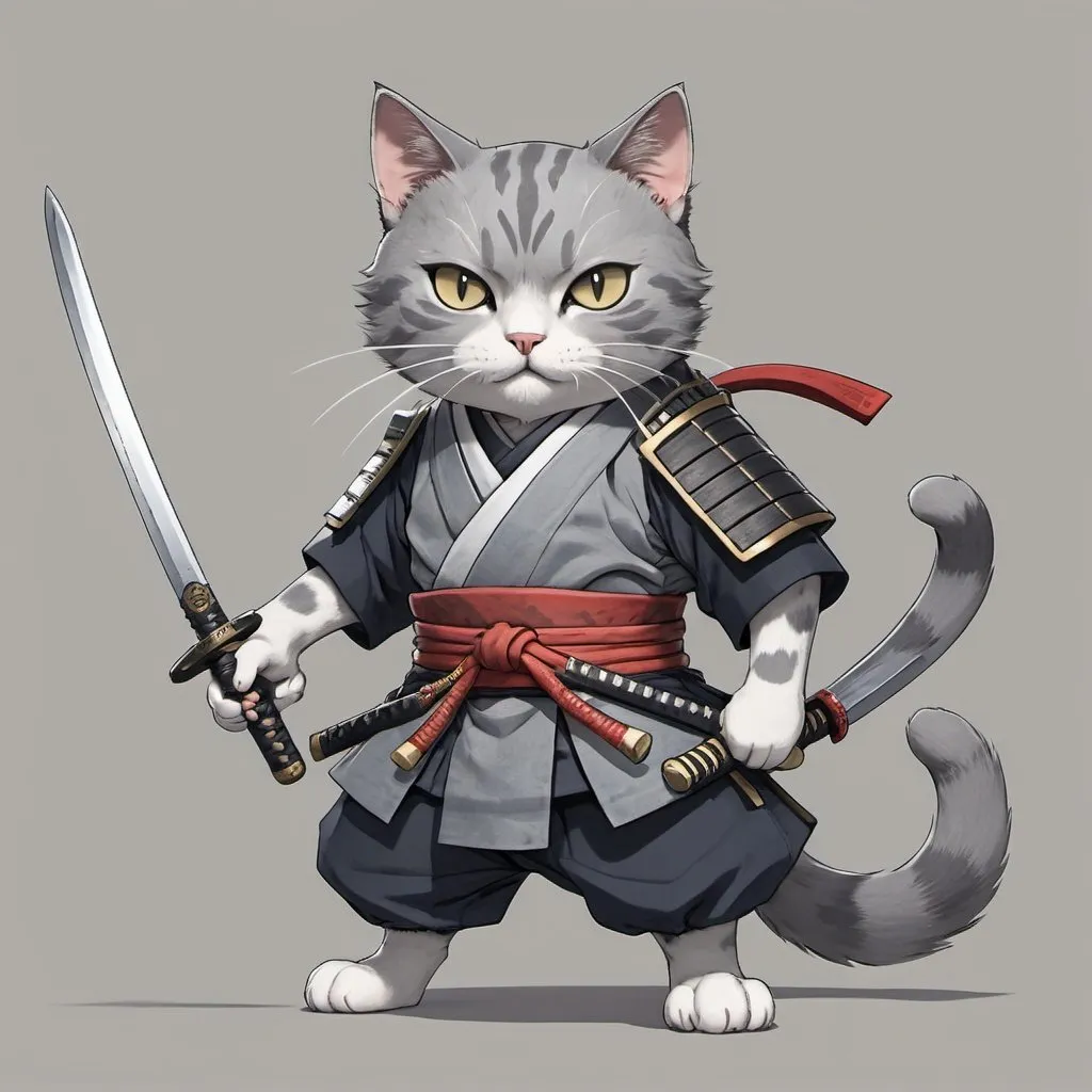 Prompt: A gray cat wearing samurai outfit. Has a scar on one eye. Anime style, holding sword at the hilt, full body, dynamic pose