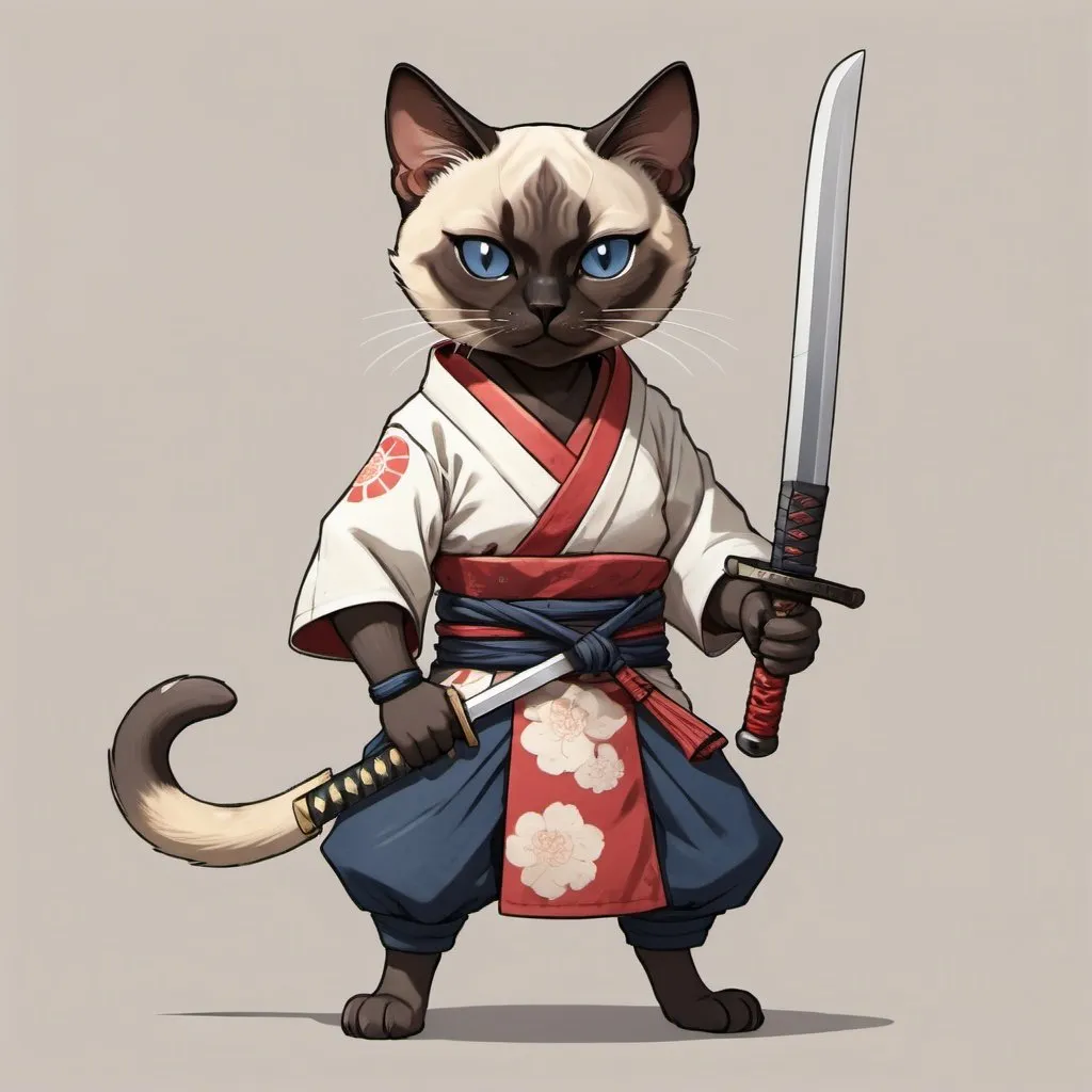 Prompt: A siamese cat wearing samurai outfit. Has a scar on one eye. Anime style, holding sword at the hilt, full body