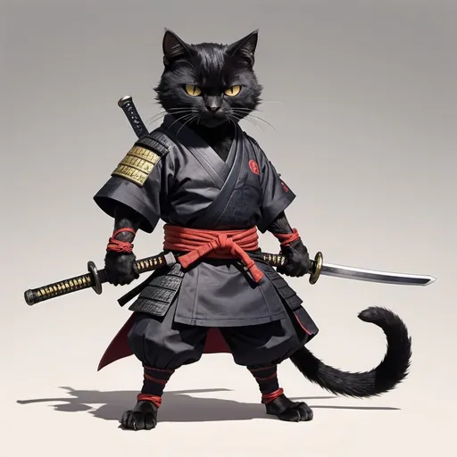 Prompt: A black cat wearing samurai outfit. Has a scar on one eye. Anime style, holding sword at the hilt, full body, dynamic pose