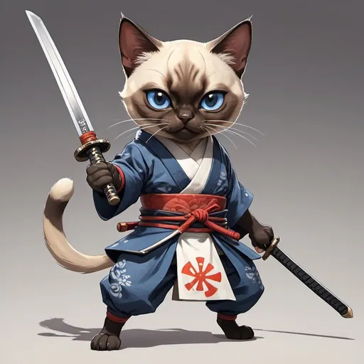 Prompt: A siamese cat wearing samurai outfit. Has a scar on one eye. Anime style, holding sword at the hilt, full body, dynamic pose