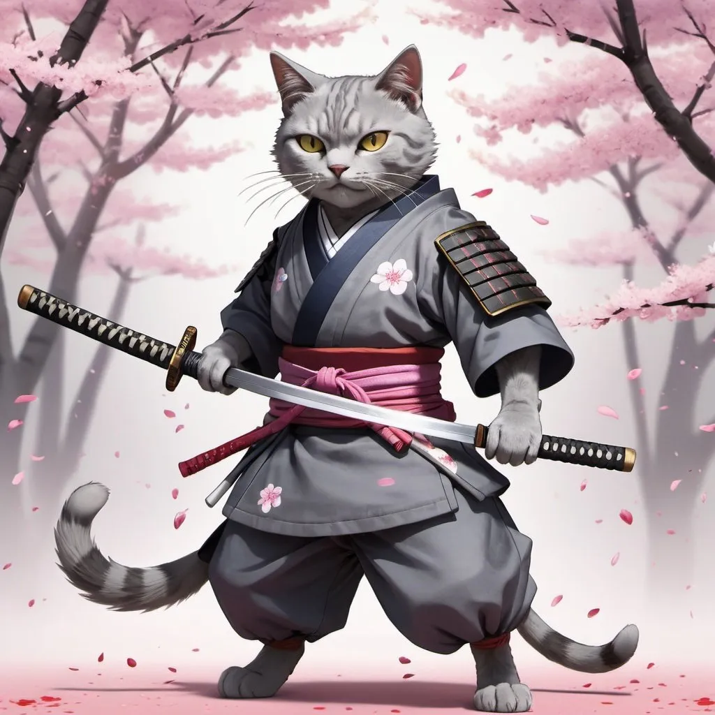 Prompt: A gray cat wearing samurai outfit. Has a scar on one eye. Anime style, holding sword at the hilt, full body, dynamic pose, sakura petals falling