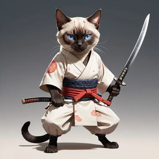 Prompt: A siamese cat wearing samurai outfit. Has a scar on one eye. Anime style, holding sword at the hilt, full body, dynamic pose