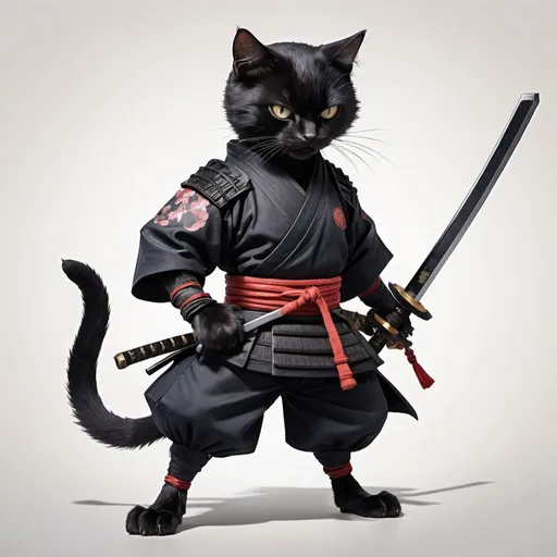 Prompt: A black cat wearing samurai outfit. Has a scar on one eye. Anime style, holding sword at the hilt, full body, dynamic pose